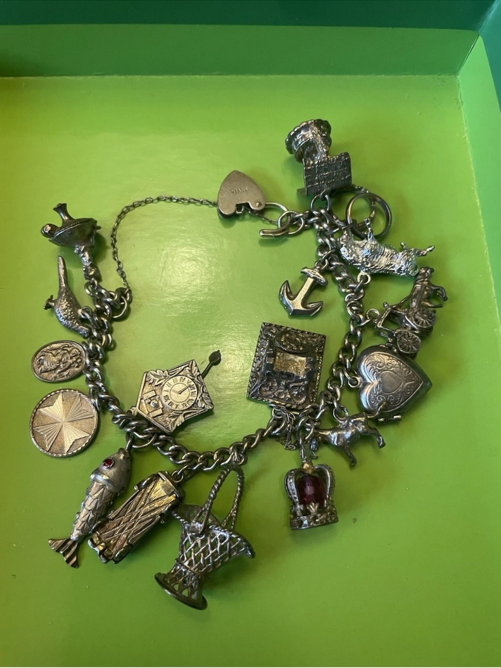 Antique Silver Charm Bracelet with Red Accent